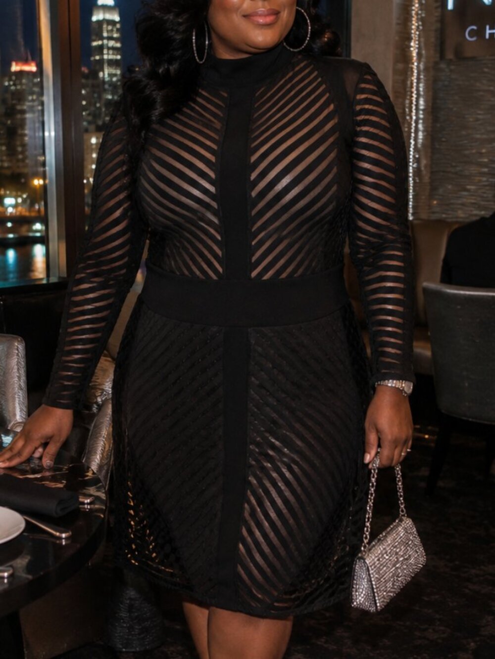 Midnight Illusion Black Sheer Stripe Midi Dress NWOT